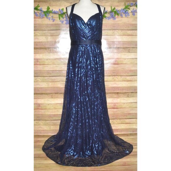 Angelina Faccenda Blue Sequin Sleeveless V-Neck Formal Gown Dress Size 16 Prom - Picture 1 of 14
